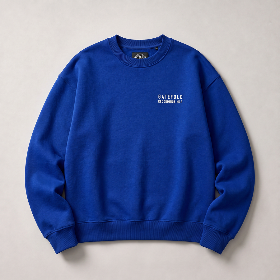 Cobalt crewneck sweatshirt with a small off-white GATEFOLD RECORDINGS MCR chest print
