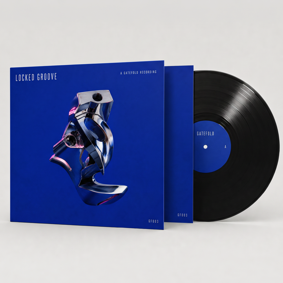 Locked Groove EP: cobalt sleeve with a chrome object, black record half out of the sleeve