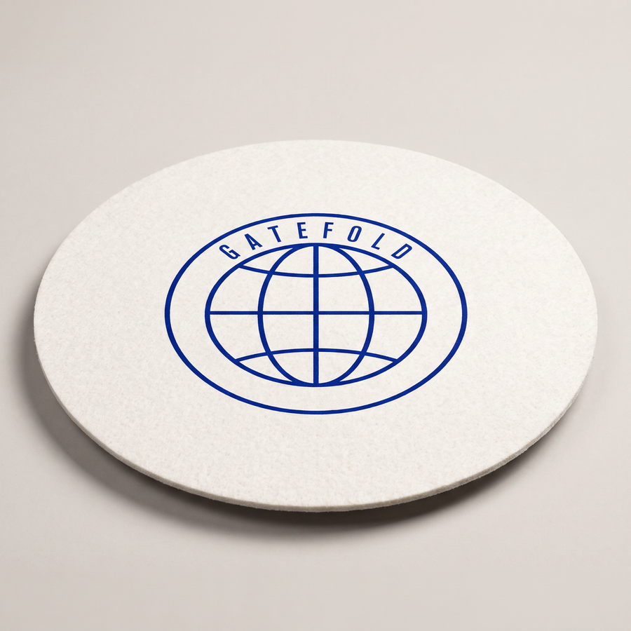 Off-white felt turntable slipmat printed with the GATEFOLD globe roundel in cobalt